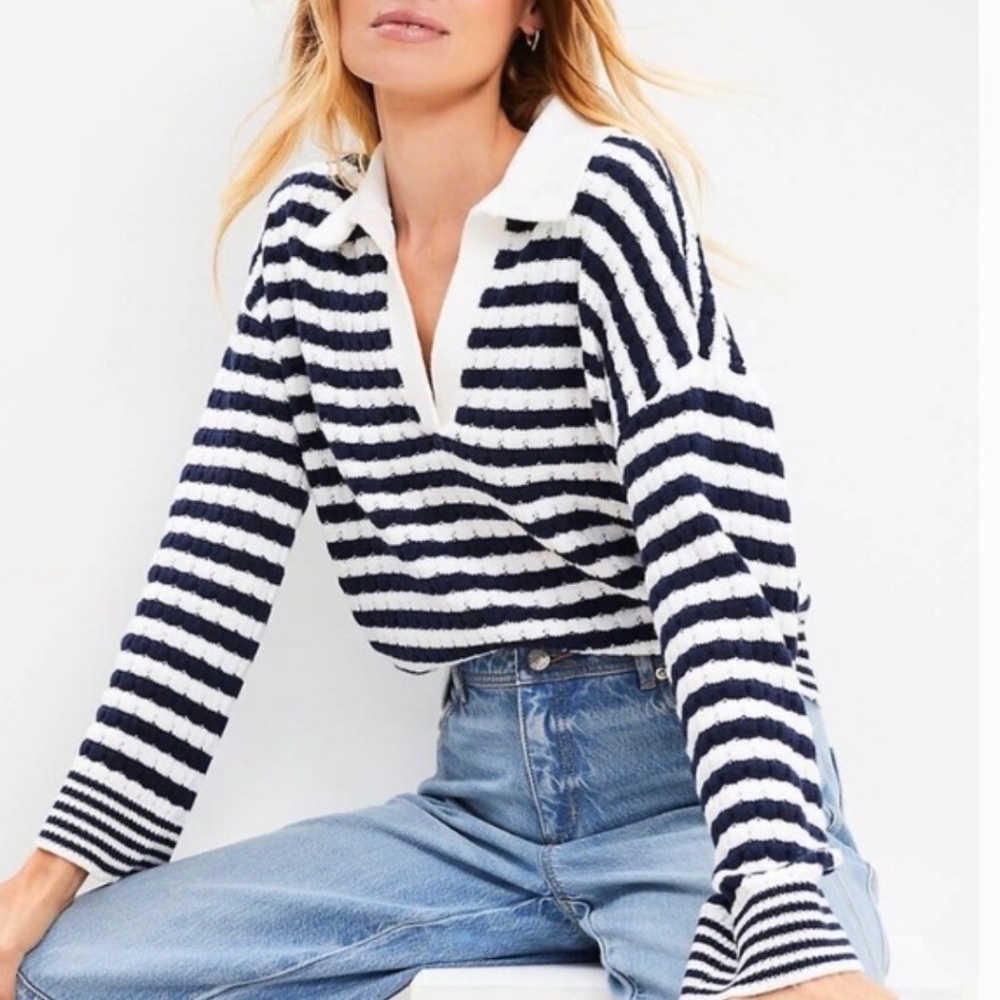 Loft - Mixed Stripe Collared V-Neck Sweater